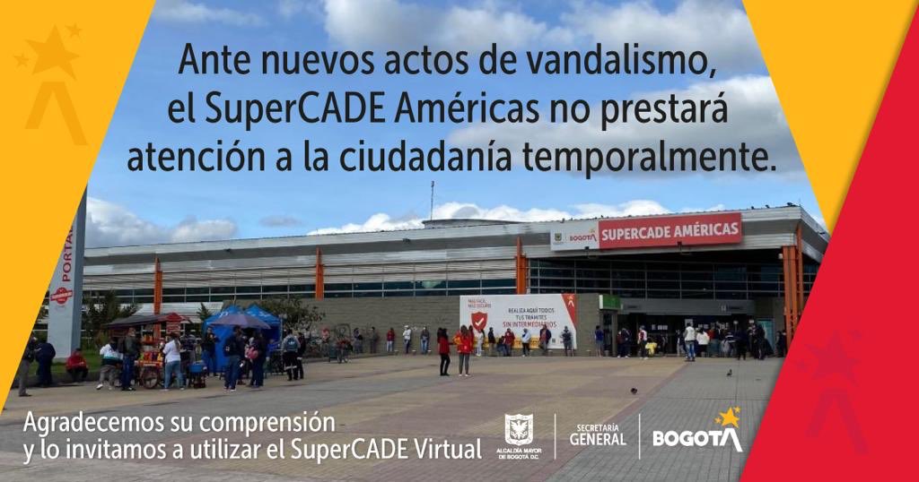 #Atención | Lamentamos informar que debido a los desmanes registrados en la noche del 21 de mayo, el SuperCADE Américas suspende temporalmente la atención al público.
