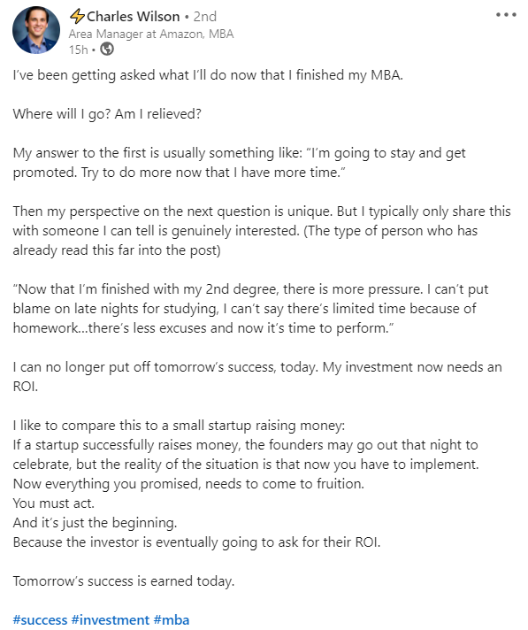 No Wilson, no one on LinkedIn asked you nor did they want to know who asked what to you!

My mom also asked me what would I want to have for dinner, now that I am done with my lunch.

#mba_brags #mba #bschool #success #investment