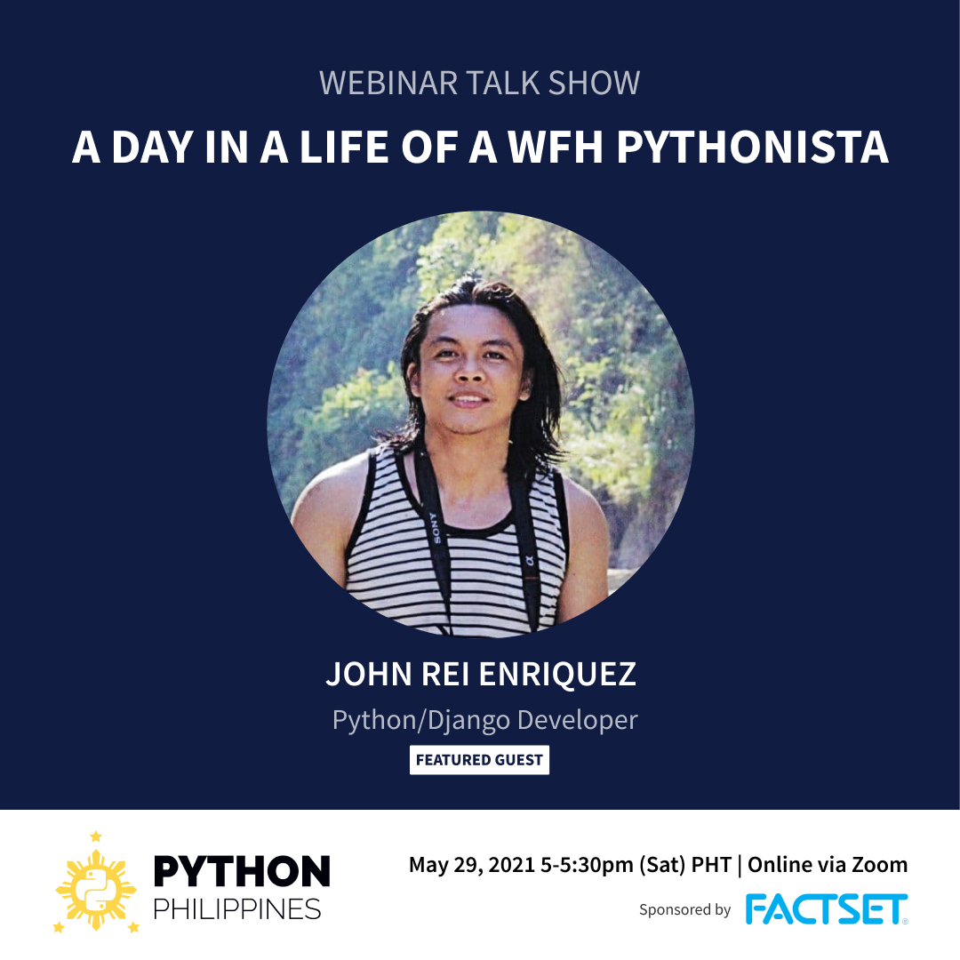 pythonph's tweet photo. Have you ever wondered what a typical day looks like for a Python Developer? 🙂
Meet John Rei Enriquez, our featured Pythonista for our upcoming "A Day In A Life of a WFH Pythonista" webinar this May 29, 2021 5:00pm-5:30pm
Sign up here: https://t.co/VY1xyqr3sF https://t.co/TUSQbA17Nc