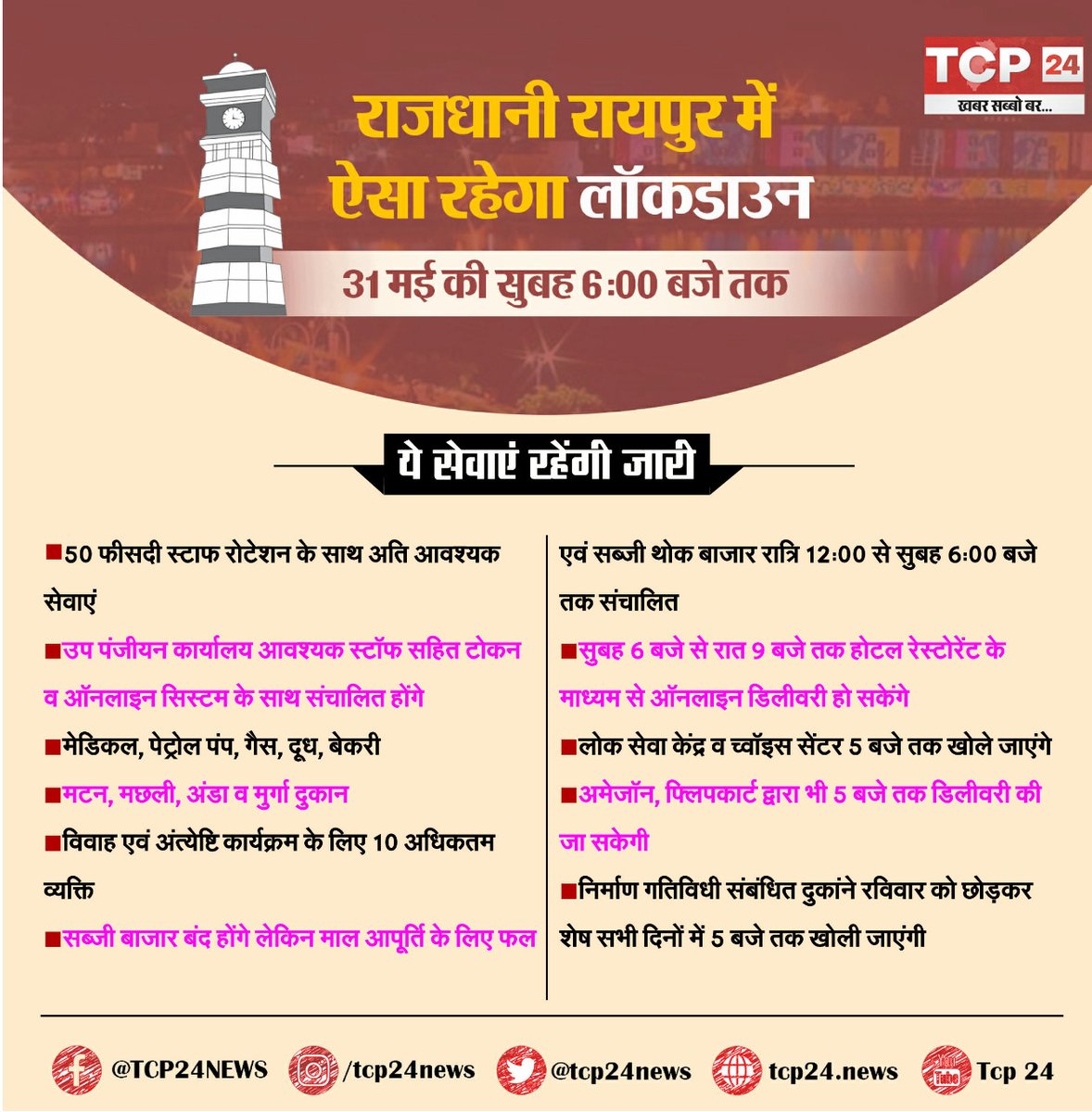 viral36garh's tweet photo. ऐसा होगा इस बार का Raipur lockdown... इस बार कितनी छूट...
#BreakingNews #lockdown2021 #lockdown #Raipurlockdown #Lock #unlock #Raipur #LockdownExtended #Chhattisgarh https://t.co/IuSzJi0dS6