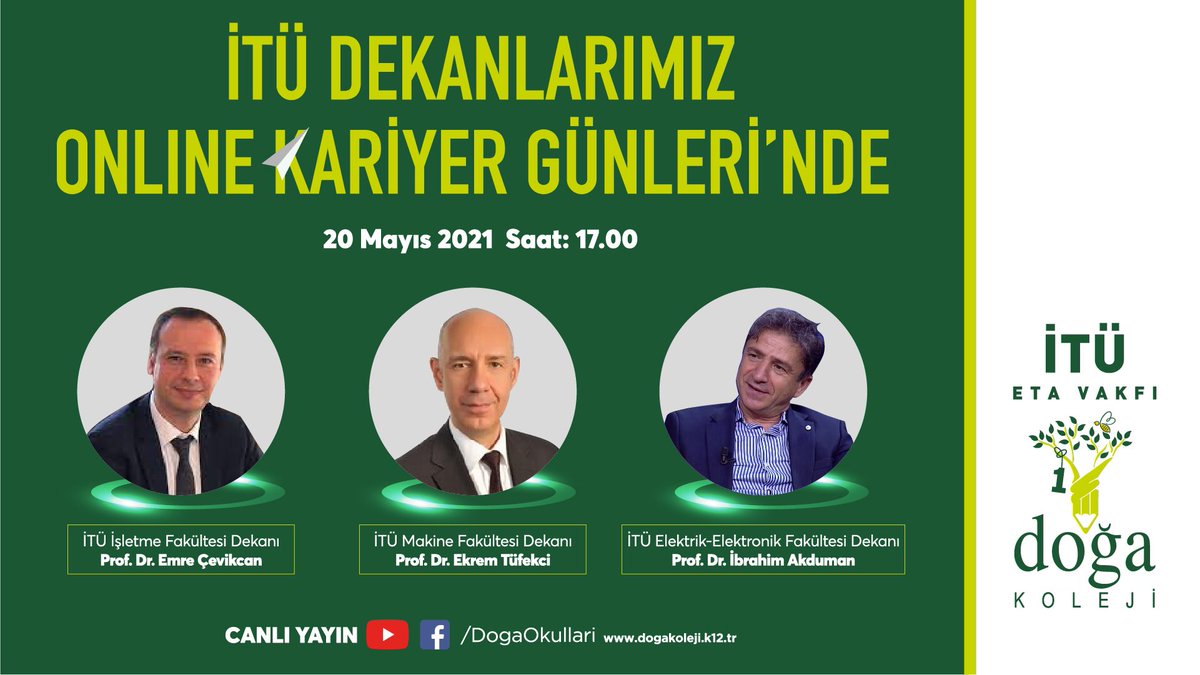 İTÜ dekanları ile gerçekleştireceğimiz canlı yayınımızda fakülte ve bölümleri yakından tanımaya devam ediyoruz. YouTube, Facebook hesaplarımızdan ve web sitemizden izleyebilirsiniz.
🗓 20 Mayıs Perşembe
⏰ 17.00