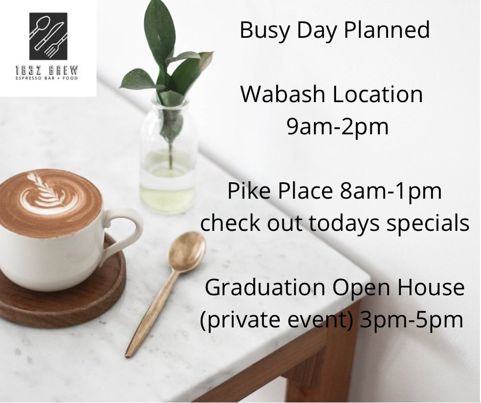 1832Brew's tweet photo. It’s graduation at Wabash college today, celebrating class of 2020 &amp; 2021.  Wabash location open 9am-2pm    Farmers Market 8am-1pm. Serving normal breakfast and lunch menu plus our lunch specials. Have a great weekend everybody! https://t.co/wPJz3IqIZU