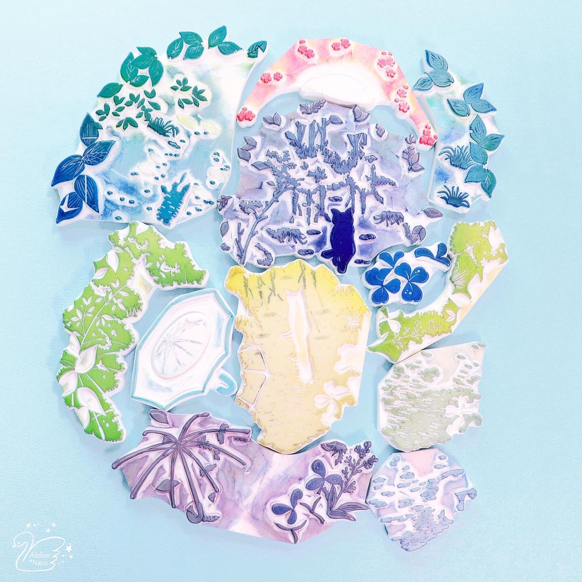 水たまりの風景 消しゴムはんこ☔️ 12版18色使用 #消しゴムはんこ を