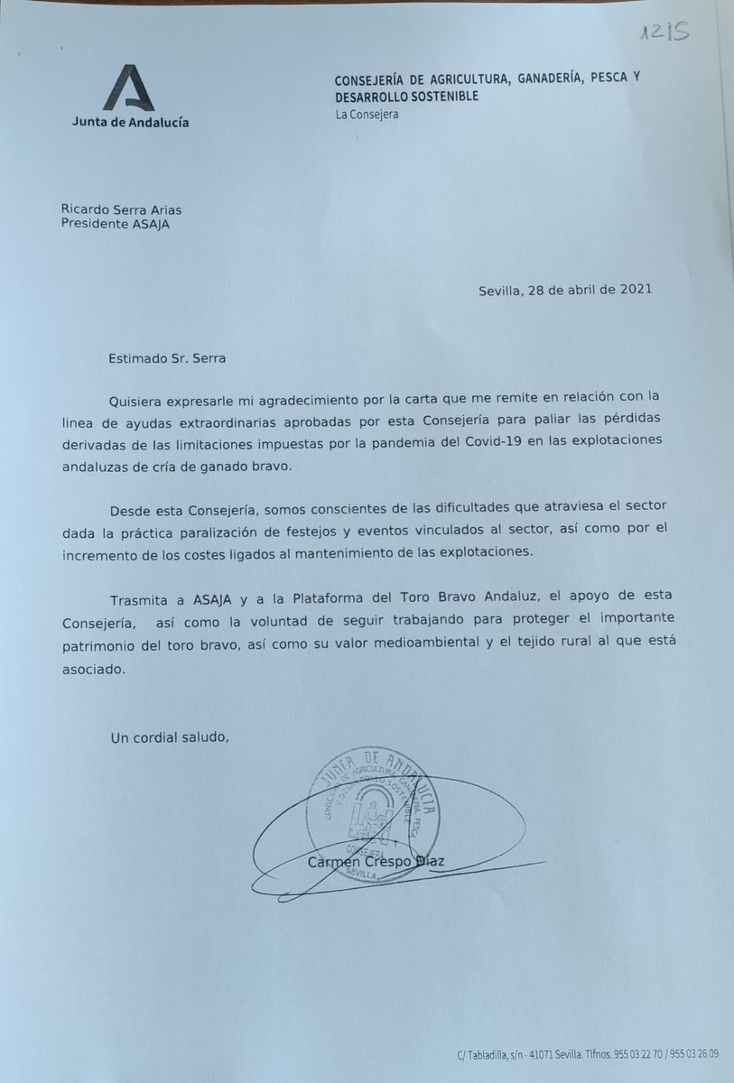Agradecimiento de la señora consejera a Asaja y a la Plataforma Toro Bravo Andaluz