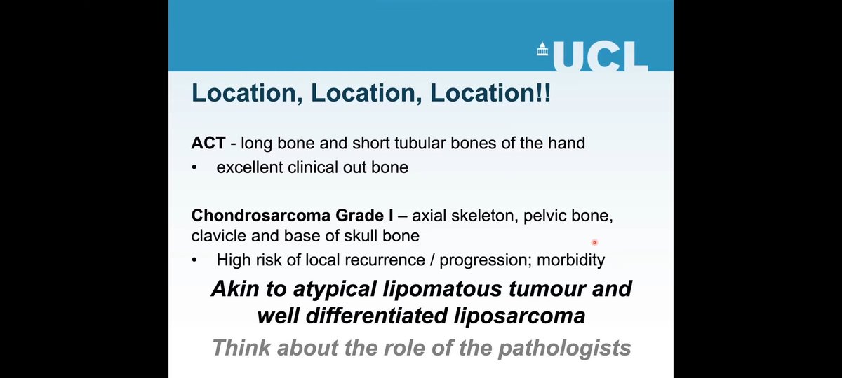 padmapathology1's tweet photo. HKIAP webinar
Dr. Adrienne Flanagan
๐ Location, location, location
๐ Atypical cartilaginous tumor akin to atypical lipomatous tumor
๐ Sites where excision is possible, it rarely recurs. Hence, the terms ACT/ ALT to be used
#bstpath
#HKIAP https://t.co/R4ZUhqblJf