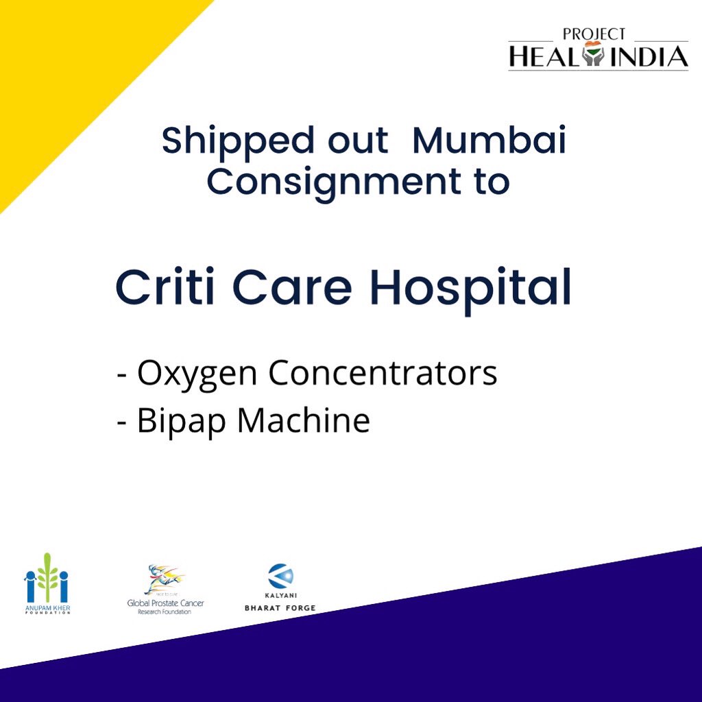 anupamcares's tweet photo. #projecthealindia Mumbai Consignment to Criti Care Hospital has been delivered. @DNamjoshi
Stay Safe. We are here to help.
#anupamkherfoundation #doingourbit #heretohelp #covid19 #bipapmachine #oxygenconcentrators
@AnupamPKher https://t.co/8OUnuC9wRY