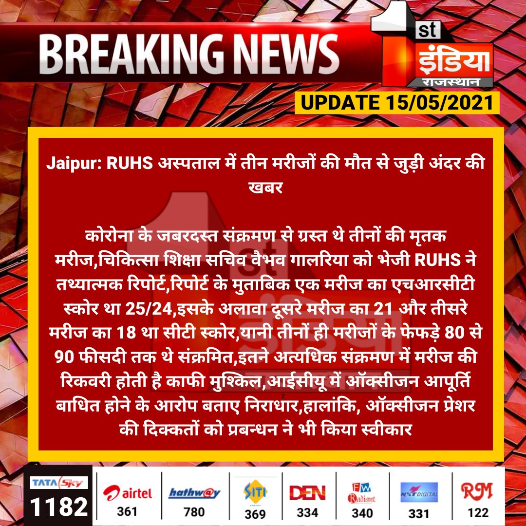1stIndiaNews's tweet photo. #Jaipur: RUHS अस्पताल में तीन मरीजों की मौत से जुड़ी अंदर की खबर

कोरोना के जबरदस्त संक्रमण से ग्रस्त थे तीनों की मृतक मरीज,चिकित्सा शिक्षा सचिव वैभव गालरिया को भेजी RUHS ने तथ्यात्मक रिपोर्ट,रिपोर्ट के मुताबिक एक मरीज...

@RajCMO @RaghusharmaINC @ashokgehlot51 @ml_vikas https://t.co/KetixxBqQ3