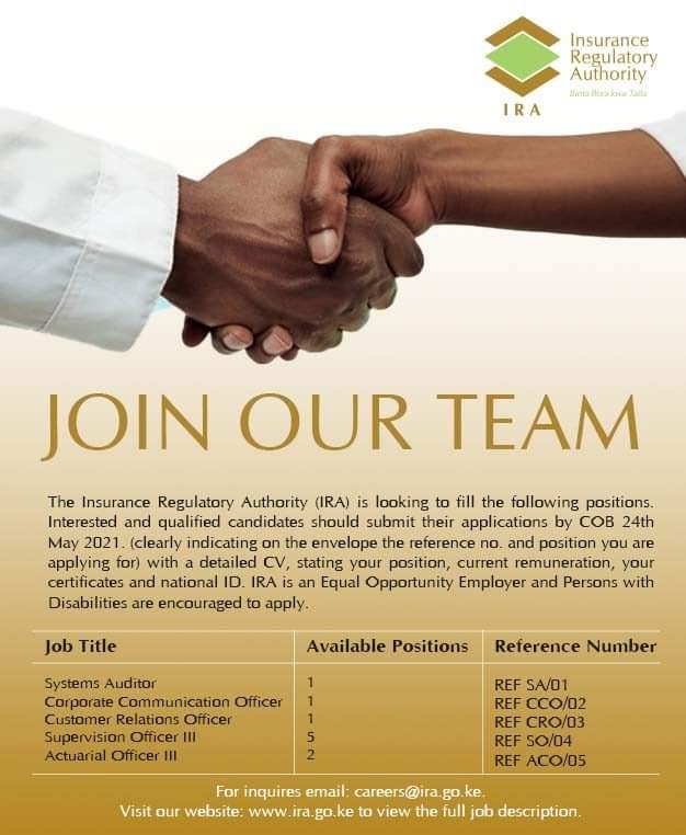 ira_kenya's tweet photo. We are hiring! Visit our website: https://t.co/CcH77hWnAU  to view the vacant positions and full job descriptions.

For inquiries email: careers@ira.go.ke.

IRA is an Equal Opportunity Employer and Persons with Disabilities are encouraged to apply. 

#IRACares #IRASpeaks https://t.co/lCeHd4TKN5