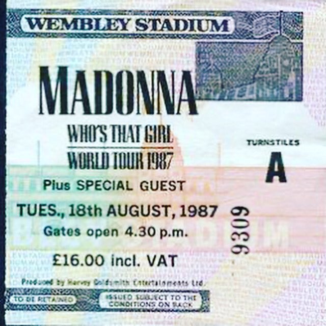 Just the ticket! <a href="/Madonna/">Madonna</a>’s 1987 #whosthatgirl #wembleystadium gig sold out in a #recordbreaking 18 hours &amp; 9 mins. One of those 144,000 tickets was 7-year-old Hannah’s! 😎 How old were you when you went to your first gig? 💭 🎵 #firstconcert #firstgig #musicalmemories #madonna