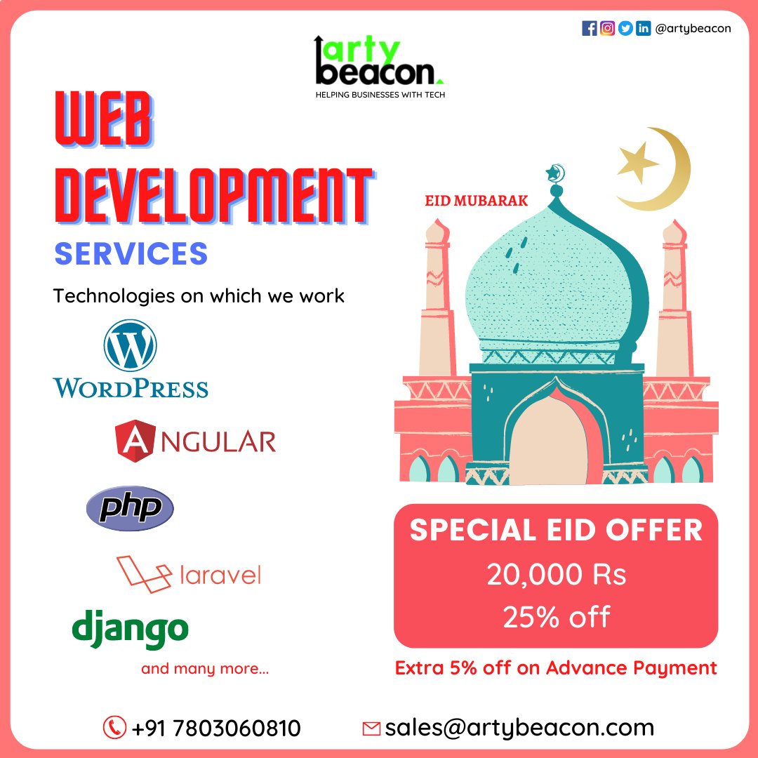 artybeacon's tweet photo. Eid offer Get your business website today up to 30% discount.
#webdevelopment #websitedevelopment #webdesignanddevelopment #webdevelopmentcompany #webdevelopmentservices #webdevelopmentagency #ecommercewebsitedevelopment #webdevelopmentindia #webdevelopmenttraining #bhopal #india https://t.co/C2gBOZDmlo