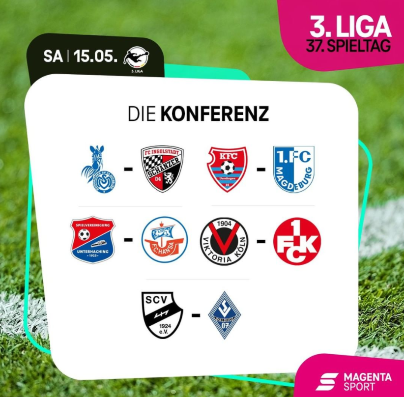 #MatchDay 🔥
⚽️ @3_liga 37. Spieltag
@MSVDuisburg - @Schanzer #MSVFCI
@KFC_Uerdingen - @1_FCM #KFCFCM
@Haching_1925 - @HansaRostock #UHGFCH
@viktoria1904 - @Rote_Teufel #VIKFCK
@SCVerl - @svw07 #SCVSVW
📺 #magentasport 
⏰ 13.45 Uhr
🎙️ Martin Piller + 🙋‍♂️ in der #Konferenz