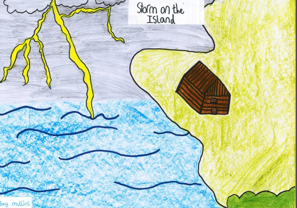 Amy from <a href="/ArdaghNatSch/">ArdaghNS</a> shows a dramatic storm with lightening flashing across the sky in her illustration for 'Storm on the Island.' ⚡🌩 We love seeing how different young artists were inspired by this poem! #NationalDrawingDay