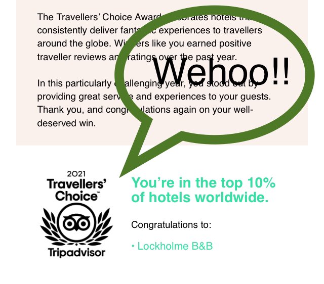 Wehoo! We’ve been awarded the 2021 Travelers Choice from Trip Advisor-top 10% of accommodation providers in the world!
Leaving positive reviews makes a difference..#thankyou to all our guests and we are so looking forward to seeing you again very soon!#theperfectplacetobe #ready