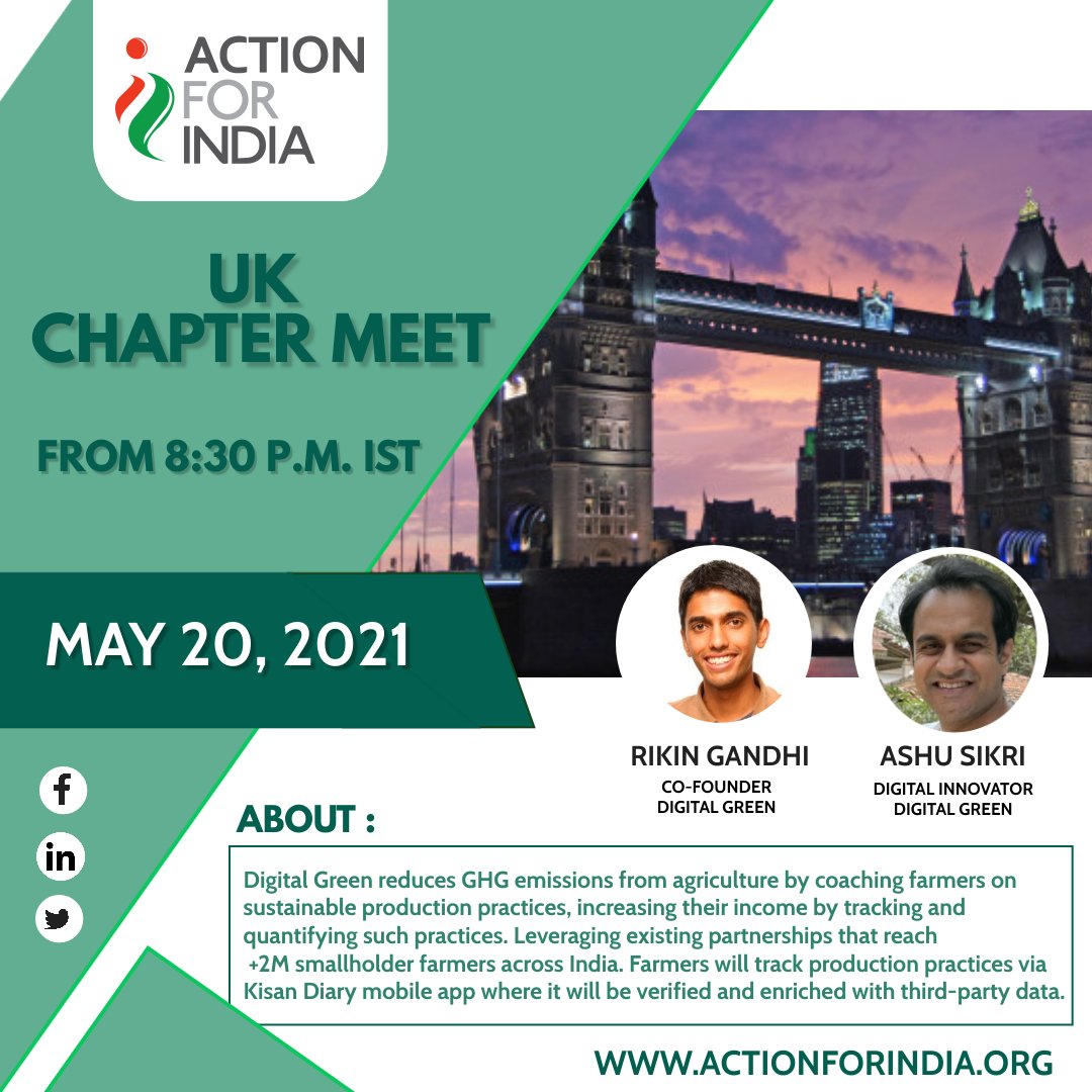ActionForIndia's tweet photo. Digital Green is a global #Development organization that empowers small #Farmers.
AFI's #UKChapter members will be discussing agricultural techniques for #Sustainable production practices with @digitalgreenorg, Co-Founder, Rikin Gandhi and Digital Innovator, Ashu Sikri on May 20. https://t.co/Bw3QFz0CJw