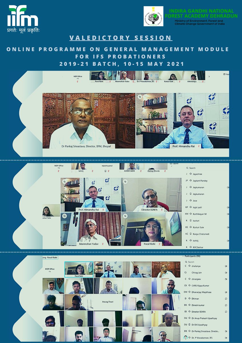 IIfmBhopal's tweet photo. The online programme on General Management Module for IFS Probationers 2019-21 batch concluded on 14th May 2021 successfully.
#iifm #iifmbhopal #IGNFA #iimindore #leadershipdevelopment #ifsprobationers #ifstraining #training #mdp #leaders #generalmanagement #coachingmentoring https://t.co/J3voahpmmC