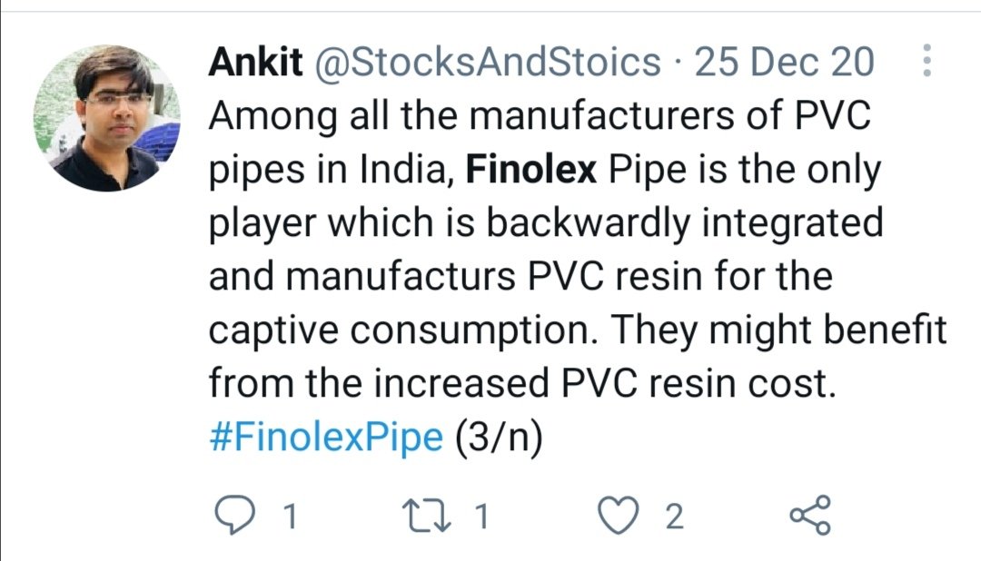 StocksAndStoics's tweet photo. @d_adsul @KaranPunj6 Yes, Finolex was a good buy when the PVC resin prices were on an increasing trend.
And for Q4, they are likely to report great numbers due to PVC prices being at record level in Q4.
However, now the PVC resin prices are not increasing and cooling off from the existing level. https://t.co/CKX33hC1YR