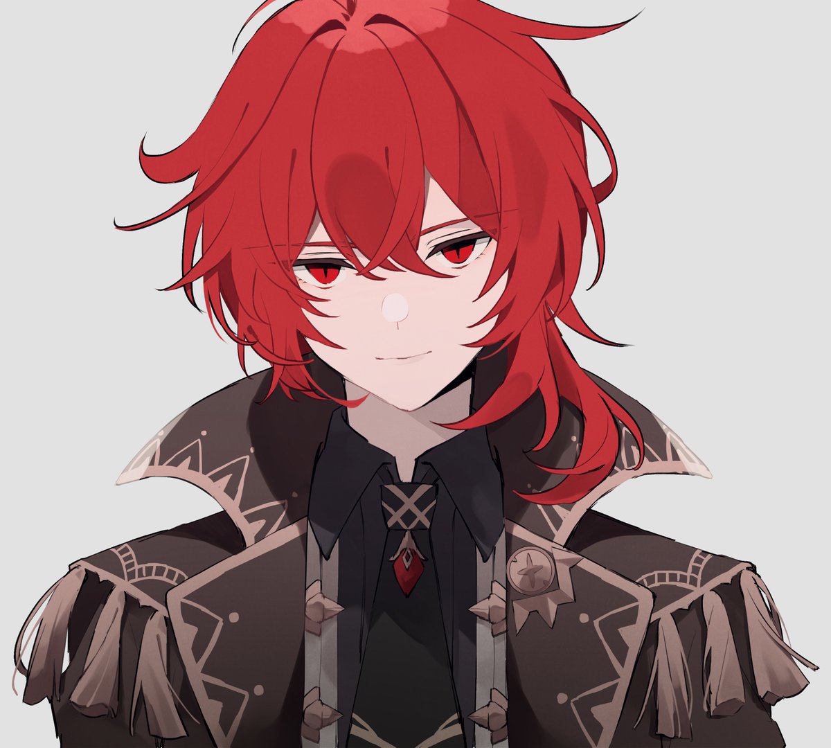 diluc (genshin impact) 1boy red hair male focus red eyes solo simple background bangs  illustration images