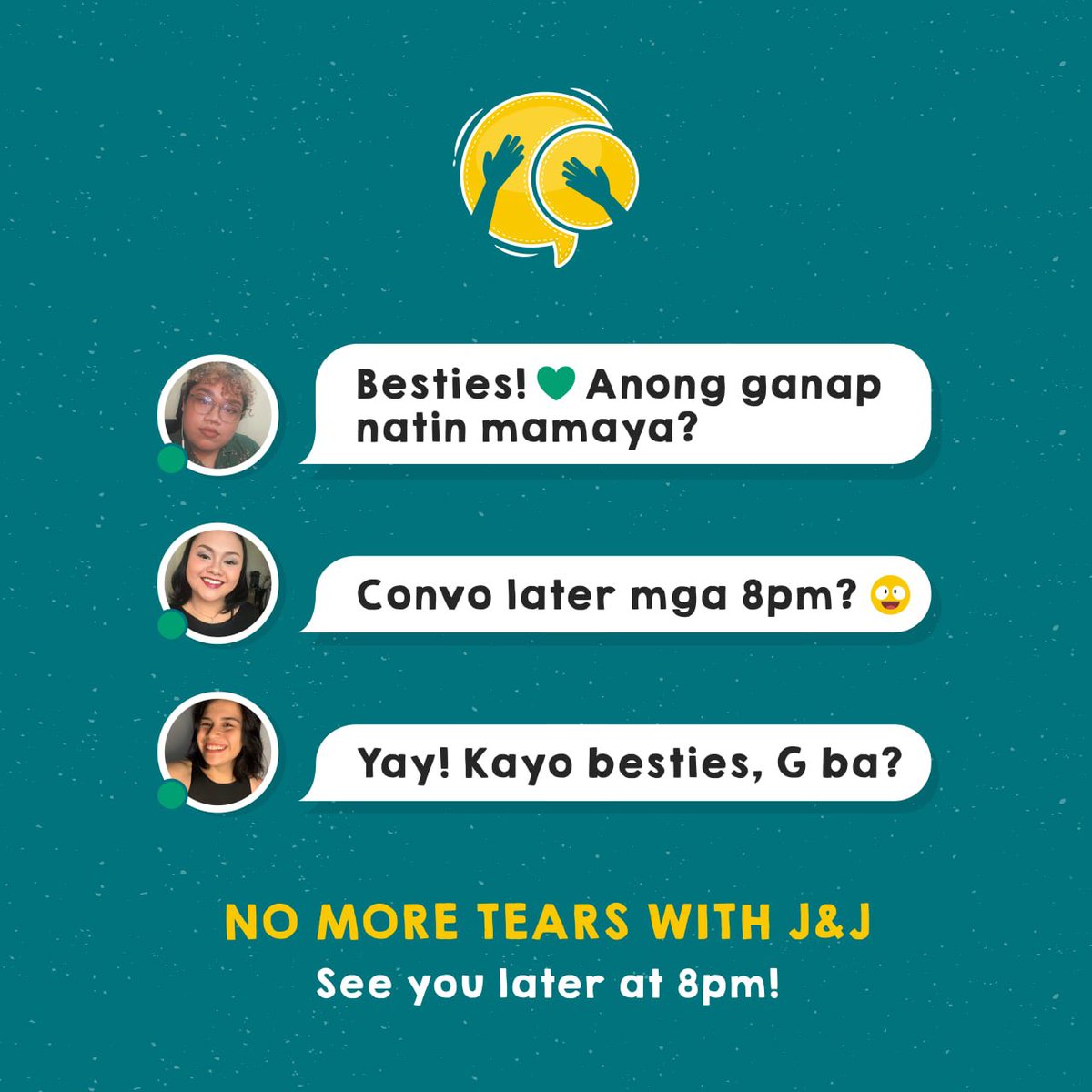 ConvoPHL's tweet photo. 2 hours na lang! Join na kayo sa Convo namin with Janine and Julla tonight, happening on FB Live!! 💚✨

Wanna ask us something about mental health and wellbeing? Just drop a reply or a DM 😉💋

#Convo #BeyondConversations https://t.co/3Q4e0aavav