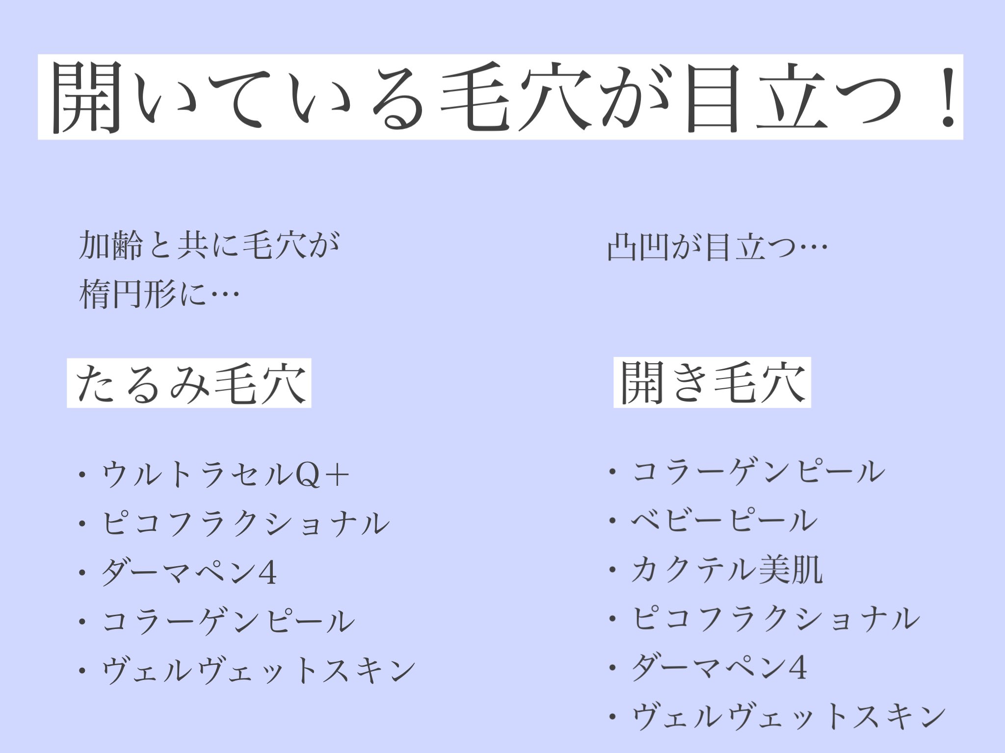 みるくナース 毛穴に悩む人たちへ 毛穴が気になる と言っても毛穴悩みには色々種類があるため お悩みとそれに合う施術をまとめました リプ欄に施術の効果について細かくまとめたものを貼っていくので ご活用ください T Co