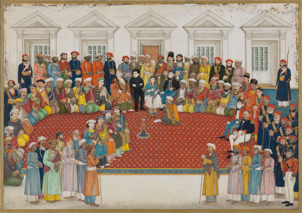 Begum Samru, Ruler of Sardhana, near #Meerut & her Household (all male, each identified), is seen here receiving 4 guests seated in the front row. 
1820 painting by Muhammad Azam, now at @CBL_Dublin.
#WorldFamilyDay #InternationalDayofFamilies 
@DalrympleWill @Peachtreespeaks