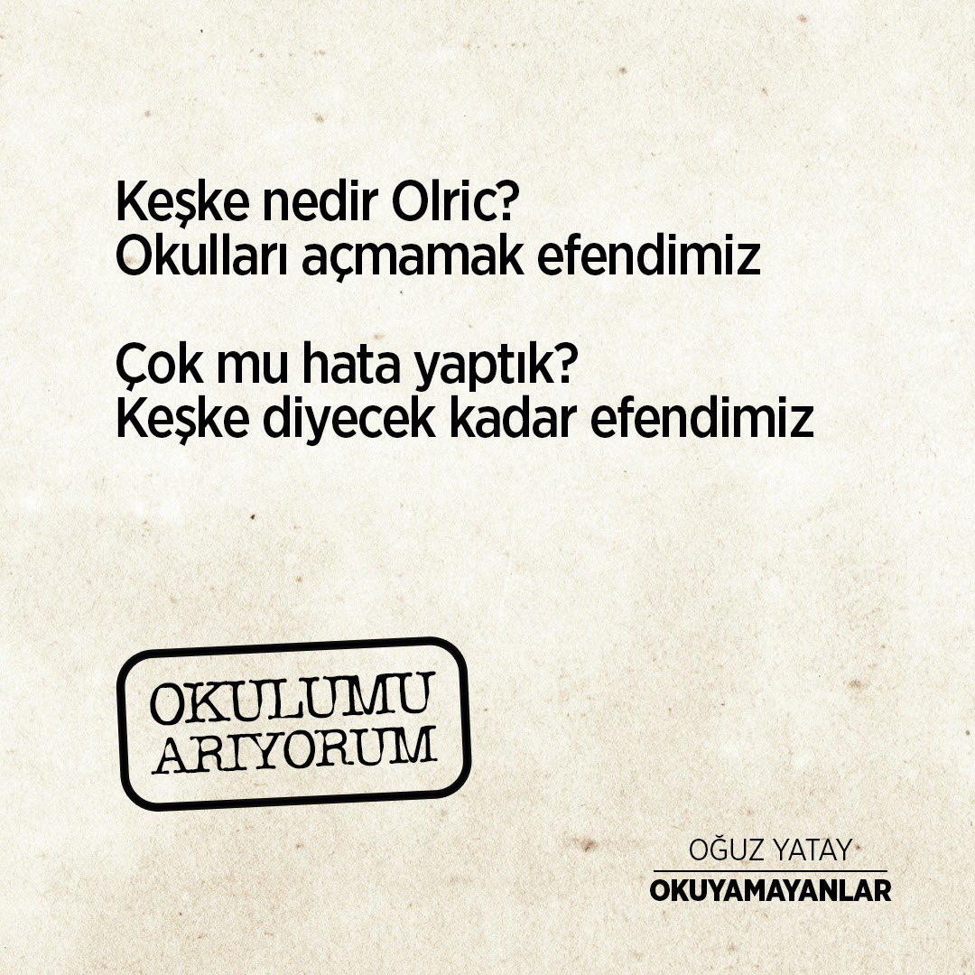 <a href="/ziyaselcuk/">Ziya Selçuk</a> <a href="/safran1958/">Mustafa SAFRAN</a> <a href="/emrullahisler/">Emrullah İŞLER</a>  <a href="/CBegitimogretim/">TCCB EĞİTİM VE ÖĞRETİM POLİTİKALARI KURULU</a> <a href="/RTErdogan/">Recep Tayyip Erdoğan</a> <a href="/tcmeb/">Millî Eğitim Bakanlığı</a> <a href="/_aliyalcin_/">Ali YALÇIN</a> <a href="/drfahrettinkoca/">Dr. Fahrettin Koca</a> 
Keşke dememek için...
#okullarkademesizacılmalı