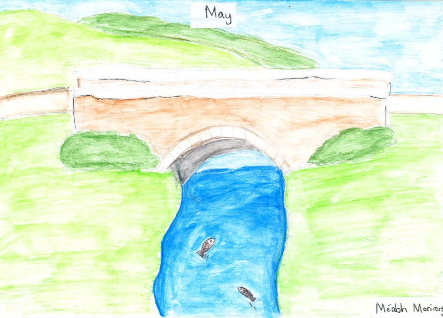 Last but definitely not least, we have Méabh from <a href="/ArdaghNatSch/">ArdaghNS</a> and her image of 'May' by Heaney. She shows the "Trout flipping" and the warm stone bridge in this lovely peaceful scene. Big thanks to all the brilliant students who took part in #NationalDrawingDay with us! 🖼🎨❤