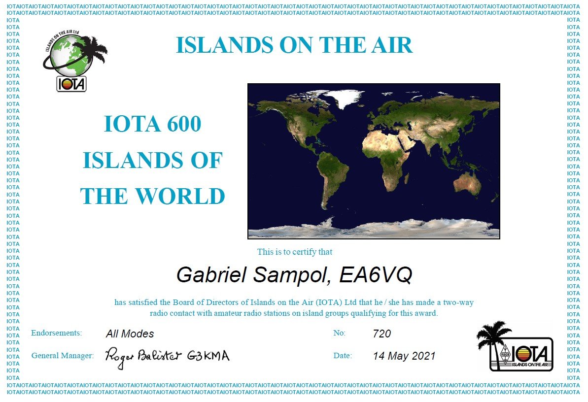 I have just got the IOTA 600 award.  Let's hope that the health situation in the coming months allows many new IOTA operations.