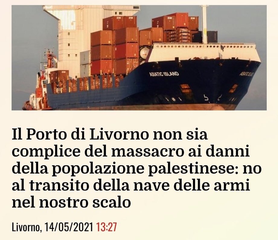 joan_vdg's tweet photo. Al port de Livorno hi ha arribat el vaixell Asiatic Island per carregar-hi armes i missils i portar-les al port israelià d’Ashdod.

Els estibadors livornesos han decidit en assemblea que no el carregaran, que no pensen col·laborar amb el genocidi i massacre del poble palestí. https://t.co/mVH3qhmr8t