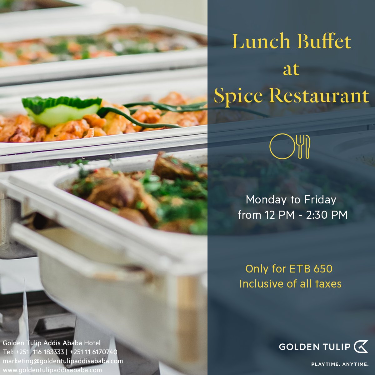 GoldenTulip_AA's tweet photo. Treat yourself to a Lunch Buffet with a vast selection of mouthwatering local and international cuisine at Golden Tulip Addis Ababa Hotel, Spice Restaurant.

@GoldenTulip_AA, it’s #PlaytimeAnytime

#louvrehotelsgroup #goldentulipafrica #goldentulip https://t.co/OEh3qjSs1u