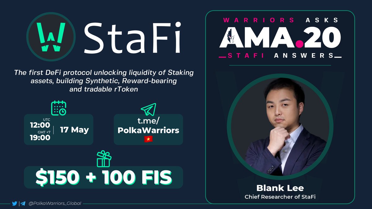 PolkaWarriors_'s tweet photo. AMA(dot)20 with @StaFi_Protocol The first DeFi protocol unlocking liquidity of Staking assets, building Synthetic, Reward-bearing &amp; tradable rToken

⏰ 17 May, 12:00 PM (UTC)
🏛 https://t.co/EI4JZt11lh
Ask question for @Blanklee3 - Chief Researcher below
🍺 150$ + 100 $FIS https://t.co/tbOLgKV8Of