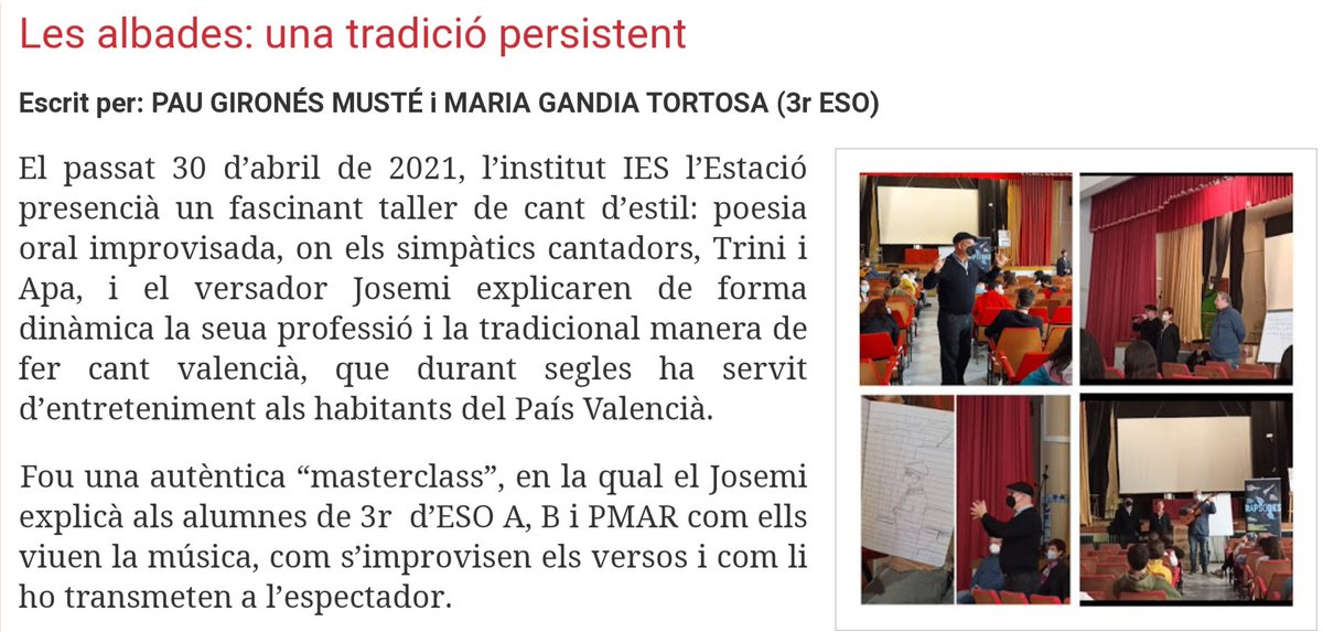 laurabarbor's tweet photo. No perdem els orígens, el nostre rap ancestral, el cant d'estil. #Rapsodes2021 #IEStació #serdetercer https://t.co/IjM3ZjmYlW https://t.co/m7qsngQeGc