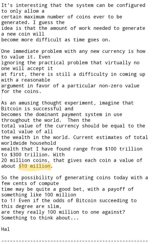 MiguelCuneta's tweet photo. Let's consider for a moment the #Bitcoin thought experiment by Hal Finney in January 10th, 2009. Here's the message: https://t.co/3HEoh9P3aD