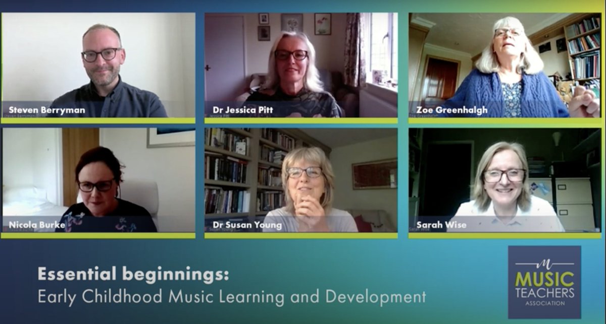 MusicTeachers_'s tweet photo. We're now onto our second keynote session, looking at Early Childhood Music Learning and Development. Expert contributions from @zoeviola, @jjpjlp, @NicolaBurke16, @SueYoung351 and @WiseSarahN, chaired by @Steven_Berryman. #musicteachers2021 https://t.co/8mRXUMnSFB
