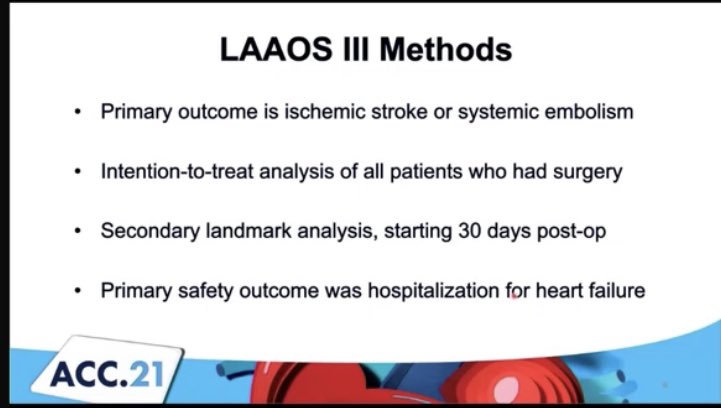 Dr. Martha Gulati ♥️🫀❤️🩹🇨🇦 (@drmarthagulati) on Twitter photo LAAOS III #ACC21 <a href="/ACCinTouch/">American College of Cardiology</a> <a href="/McMasterU/">McMaster University</a>
Presented by Dr. @RichardWhitloc2
❓LAAO (surgical) can prevent. Ischemic stroke in #AF
✅ CHADS2-vasc >/=2
🦯patients & team
🫀Primary Outcome: Stroke or Emboli LAAOS III #ACC21 <a href="/ACCinTouch/">American College of Cardiology</a> <a href="/McMasterU/">McMaster University</a>
Presented by Dr. @RichardWhitloc2
❓LAAO (surgical) can prevent. Ischemic stroke in #AF
✅ CHADS2-vasc >/=2
🦯patients & team
🫀Primary Outcome: Stroke or Emboli
