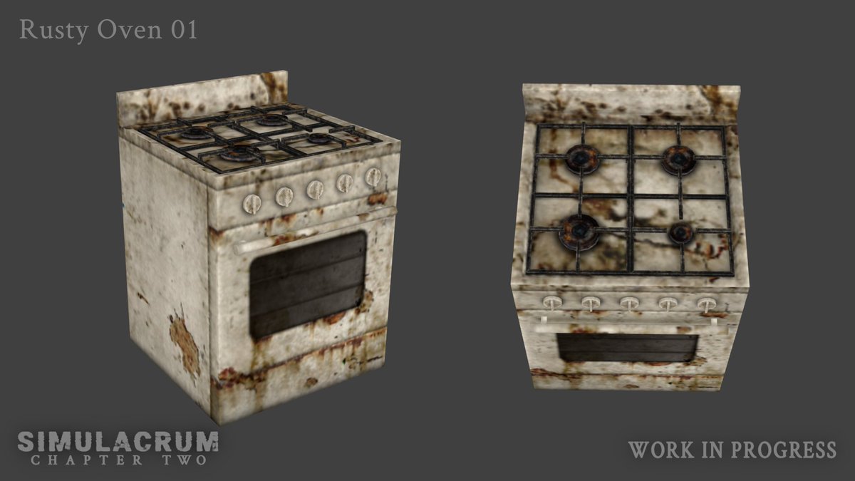 We've been thinking of ways to keep you updated without spoiling parts of the game that frequent environment screenshots would do. From today we will begin showing off isolated models without the context of a full scene, beginning with this rusty oven. #gamedev #horrorgame