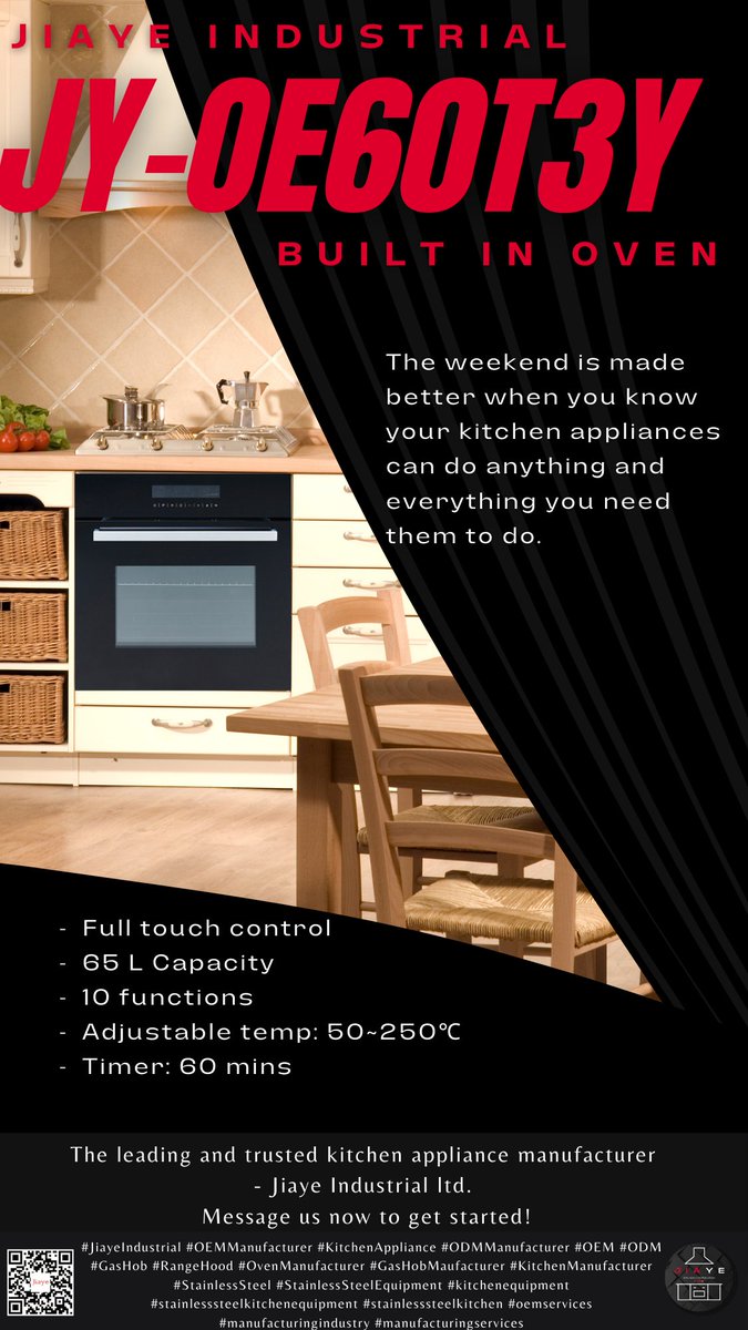 Weekend is made better when you know your kitchen appliances can do anything and everything you need it to do. Introducing Jiaye Industrial JY-OE60T3Y Built in Oven

#JiayeIndustrial #OEMManufacturer #KitchenAppliance #ODMManufacturer #OEM #ODM #GasHob #RangeHood  #StainlessSteel