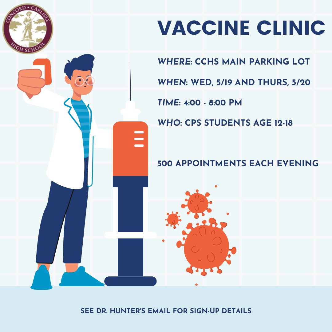 We are excited to offer a vaccine clinic next Wed and Thurs for students age 12-18.  See <a href="/cps_cchs/">CPS CCHS Super</a> for more details.

<a href="/TownofConcordMA/">Town of Concord</a> <a href="/ConcordMAFire/">Concord Fire-EMS</a> <a href="/cchspatriots9/">CCHS</a> <a href="/CCHSAPStahl/">CCHSAPStahl</a> <a href="/CMS_ConcordMA/">Concord MS</a> <a href="/_justin_cameron/">Justin Cameron</a> <a href="/CMSAP_Steffey/">Tyler Steffey</a> <a href="/CMSAP_Bradford/">Olive Bradford</a>