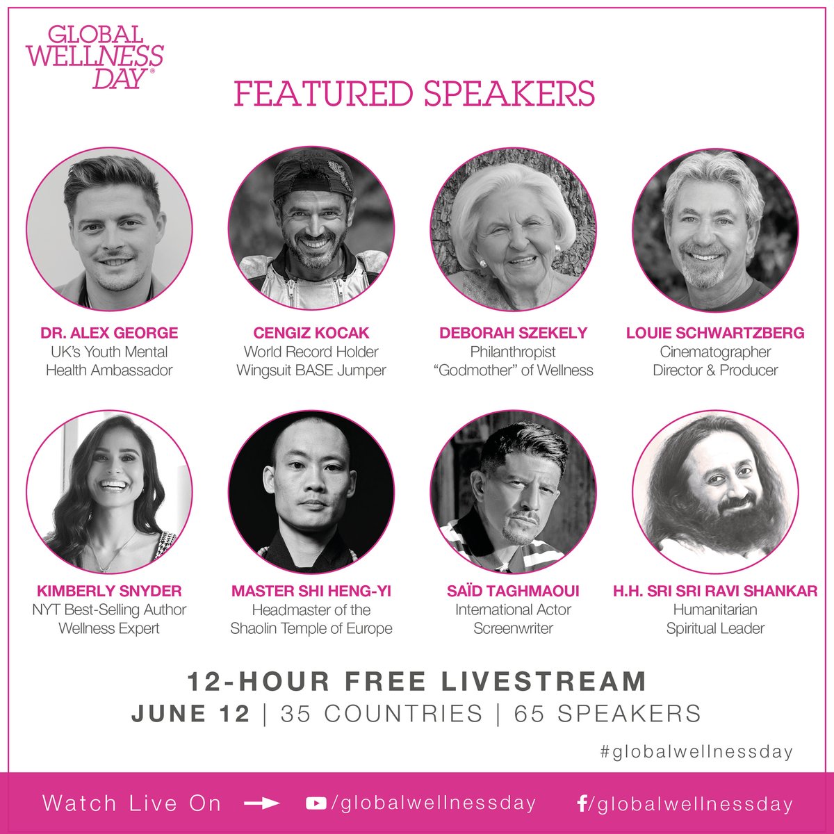 Join our Featured Speakers among many other well-known wellness professionals, experts, trainers and stars in their field taking part in the #GlobalWellnessDay celebrations on June 12. Don't miss 12 hours of activities &amp; inspirational talks for FREE! 
Save the date - June 12th!🥳