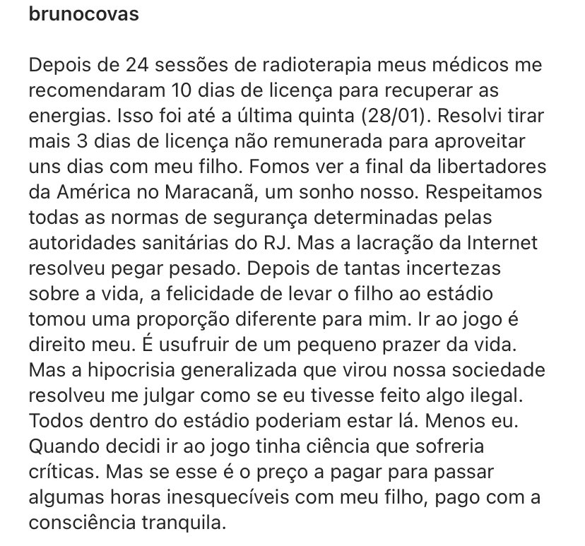 rmedeirosrenata's tweet photo. a única vez q vi o Bruno Covas foi na final da Libertadores, no Maracanã. diante das críticas por estar entre os 5 mil convidados, o prefeito fez um desabafo sobre o preço de "passar umas horas inesquecíveis com o filho". 
meu melhor amigo teve câncer aos 30 anos e eu recebi + https://t.co/KchaHSkUQG
