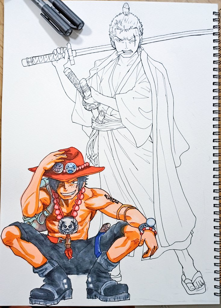 Twitter 上的 花 Onepiece より エース と ゾロ十郎 刀難しすぎか ペン入れめちゃ時間かかったー 色塗りは明日だなぁ W 結局日本人体型でgo Onepiece ワンピース エース ゾロ お絵描き イラスト アナログ 途中経過 T Co Wuo3uxhetd