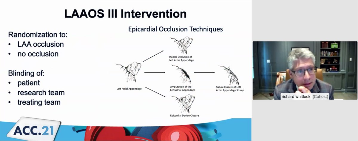 ACCmediacenter's tweet photo. Speaking on the results of the LAAOS III trial, @richardwhitloc2 said, "a simple question and we have a definitive answer: surgical left atrial appendage occlusion reduces ischemic stroke or systemic embolism by 33% overall." #ACC21 https://t.co/k9BOCmFXkp