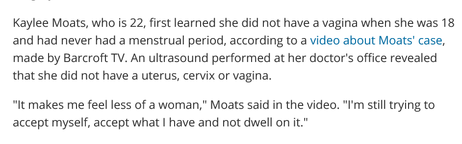 setoacnna's tweet photo. The woman in question said being born without a vagina 'makes her feel less of a woman' Nevertheless Kane feels qualified to speak on her behalf. https://t.co/q0jPAJnXS6