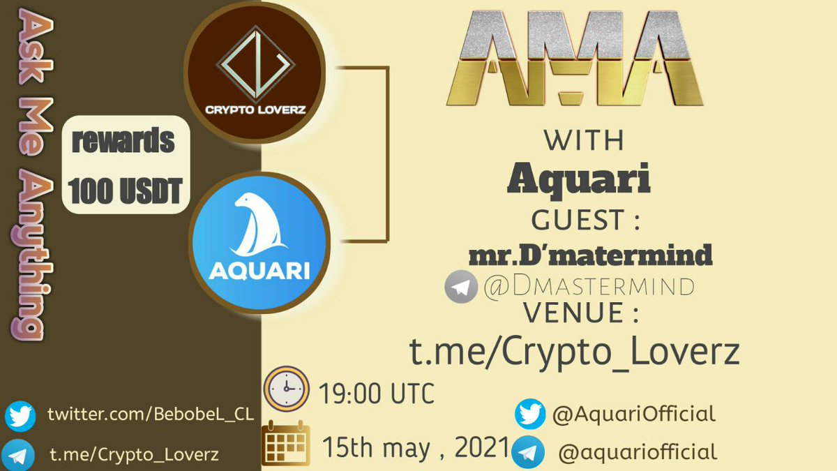 AME_PAY's tweet photo. 🔊New #AMA with #AquariOfficial
Today , May 15th , 19:00 UTC

 ✴️Rewards: 100 USDT

 👉Follow us 

@BebobeL_CL

&amp; 

@AquariOfficial

👉Ask a question 
⚠️do not copy from the others 👉Tag 3 friends let's go https://t.co/VAEiiTa2k5 https://t.co/cJG90kVEzH