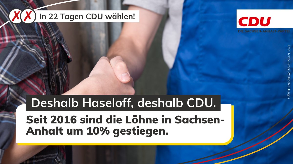 Noch 2️⃣2️⃣ Tage bis zur Landtagswahl! Am 6. Juni beide Stimmen für die CDU, denn wir setzen uns mit einem klaren Kompass für faire Löhne ein!

#UnsereHeimatUnsereVerantwortung