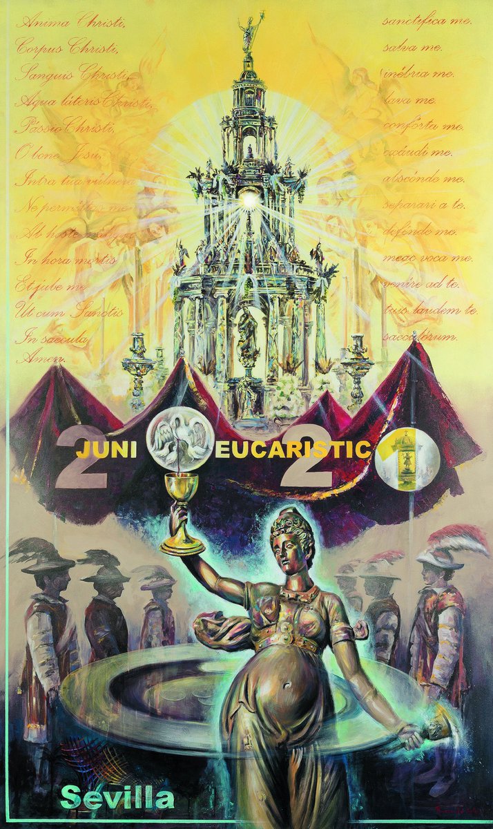 VCabezaSevilla's tweet photo. Felicitamos a nuestro Diputado de Cultos, Pedro José López, y a N. Hna. Dña. Carmen V. Gutiérrez por el cartel anunciador del ‘Junio Eucarístico’ que han elaborado. https://t.co/W84OTCA5Gn