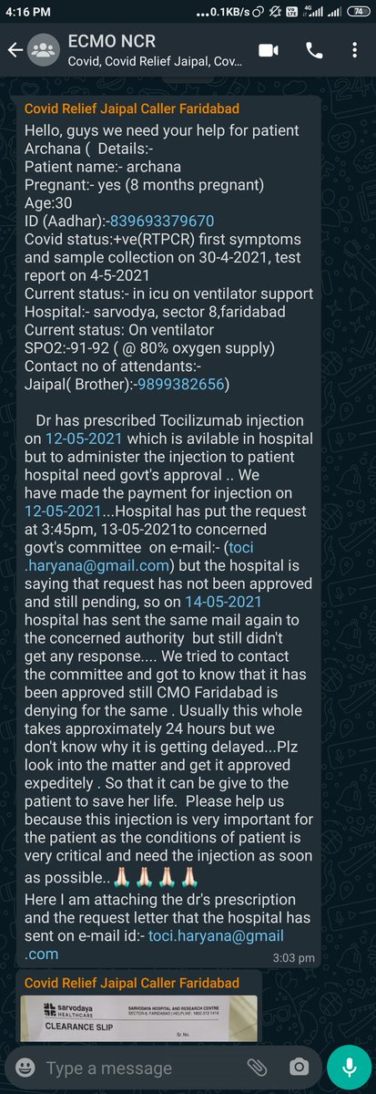 <a href="/theNationcare/">Nation Care | RT & Tag us For Covid-19 Help |</a> <a href="/NCWIndia/">NCW</a> <a href="/SonuSood/">sonu sood</a> <a href="/LtGovDelhi/">LG Delhi</a> <a href="/CPDelhi/">CP Delhi #DilKiPolice</a> <a href="/DelhiPolice/">Delhi Police</a> <a href="/DC_Faridabad/">DC Faridabad</a> <a href="/DIPRO_Faridabad/">DIPRO Faridabad</a> <a href="/sharmarekha/">Rekha Sharma</a> <a href="/priyanka_oraon/">priyanka oraon</a> <a href="/manjulika5/">Manjulika Pramod</a> Can you please help her?
Dr has prescribed Tocilizumab inj on 12-05-21 which is avilable in hospital but needs govt's approval. The payment for injection has already been made on the same day.