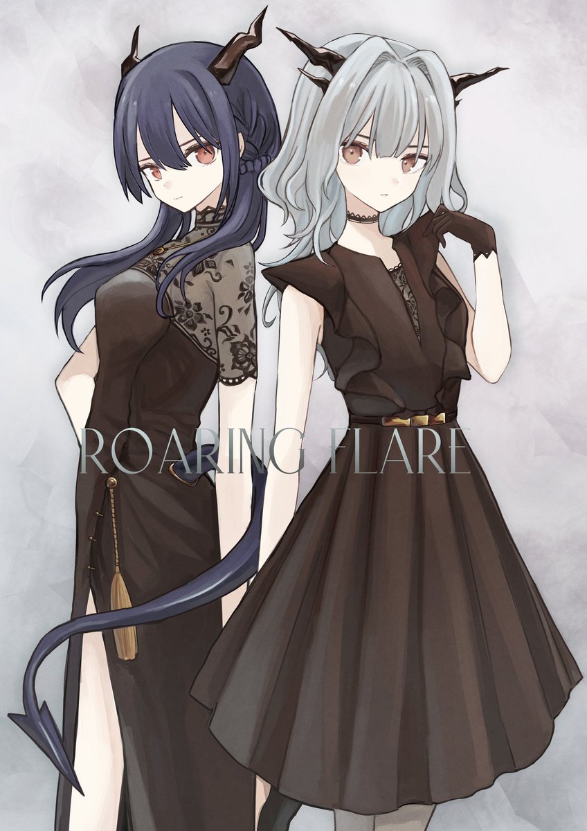 ch'en (arknights) multiple girls 2girls horns dress black dress tail dragon horns  illustration images