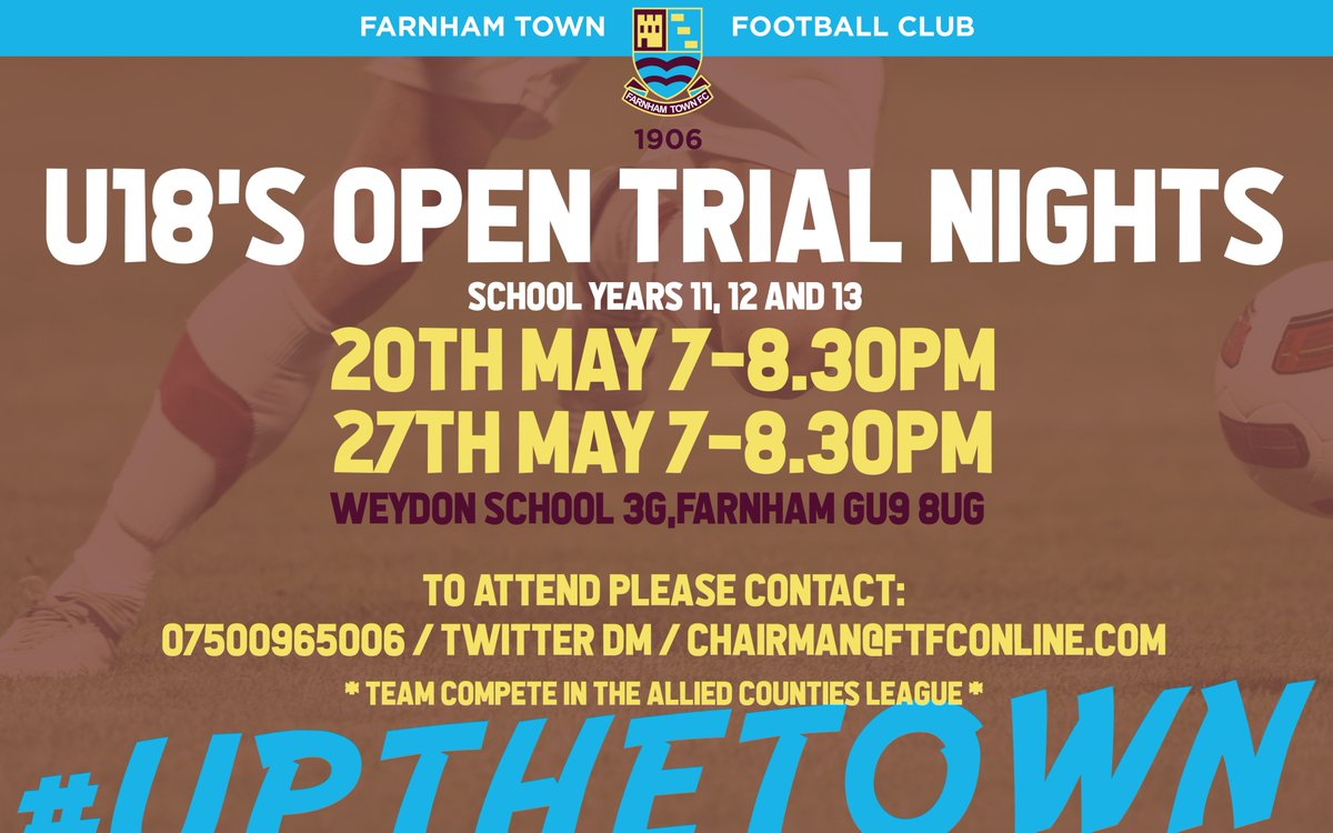 FarnhamTownFC's tweet image. Trial nights for FTFC U18's have been released. Please contact us if you would like to attend! This season four of our U18's made first team appearances.
@FcFarnham #PlayerDevelopment