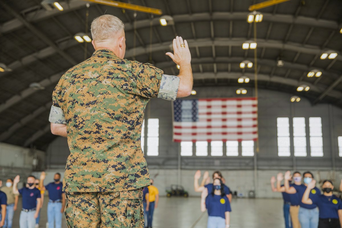 CENTCOM's tweet image. Gen. Frank McKenzie #CENTCOMCDR, administered the Oath of Enlistment to 44 new recruits from the #TampaBay area at a #ArmedForcesDay ceremony at @MacDill_AFB Thursday May 13.