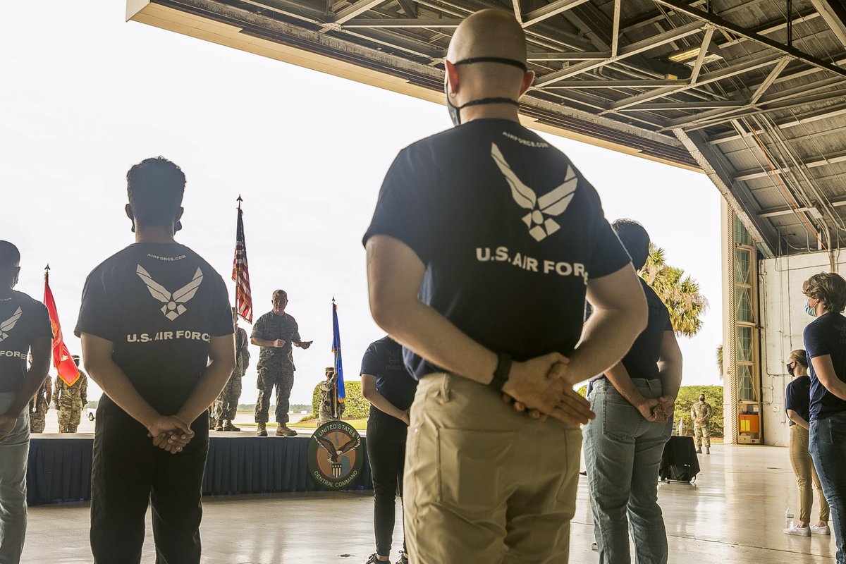 CENTCOM's tweet image. Gen. Frank McKenzie #CENTCOMCDR, administered the Oath of Enlistment to 44 new recruits from the #TampaBay area at a #ArmedForcesDay ceremony at @MacDill_AFB Thursday May 13.